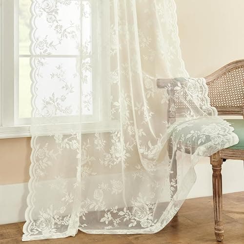 SEEKRIGHT Ivory Lace Curtains 80 Inches Long 2 Panels Victorian Floral Sheer for Bedroom Living Room Rod Pocket Light Filtering Cream Window Decor for Dining Room Home Office, 52x80 thumbnail 4