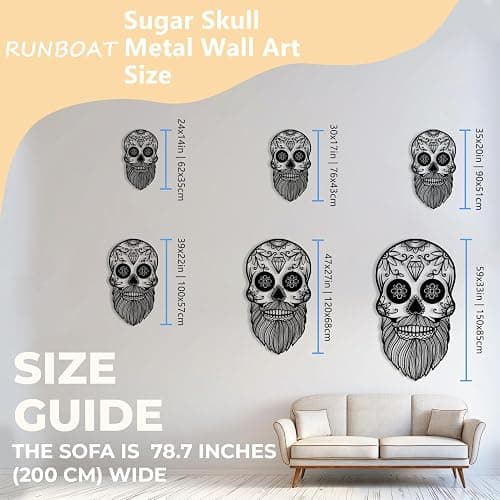 RUNBOAT Sugar Skull Metal Wall Art, Skeleton Metal Sign Wall Art, Gothic Metal Wall Decor, Skull Wall Decor, Sugar Skull Decor, Halloween Decor for Living Room, Bedroom, Bar (Gold, 30x17in|76x43cm) - Gold - 30x17in|76x43cm thumbnail 4