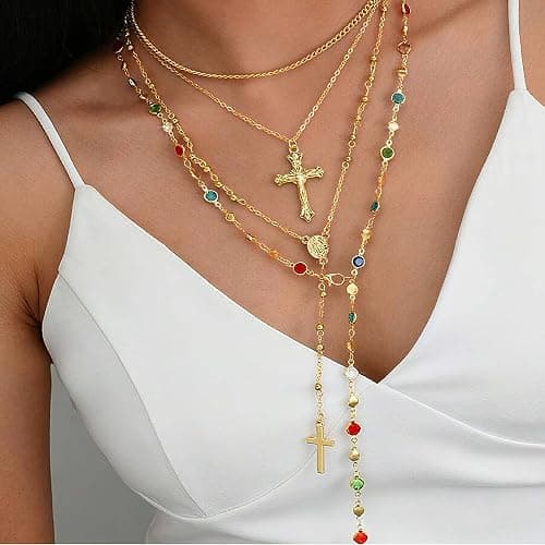 4PCS Layered Gold Cross Necklaces for Women Trendy, Bohemian Bead Pearl Y Long Pendant Necklace Set, Vintage Rosary Necklace Stack Adjustable Length thumbnail 5