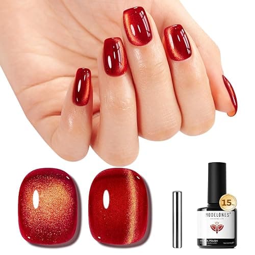 modelones Red Cat Eye Gel Nail Polish Glod Magnetic Glitter | Holographic Red Ruby Gel Polish Reflective Jelly Translucent UV Gel Manicure 15 ML - Image 1