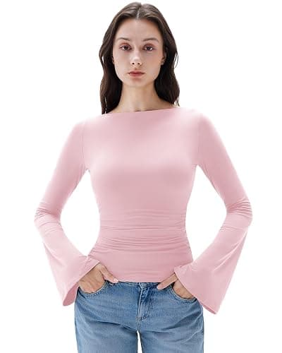 SUUKSESS Women Crew Neck Bell Sleeve Tops Double Lined Going Out Fitted Basic T Shirts - Image 1
