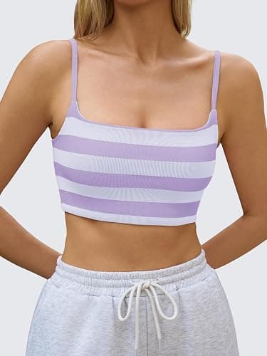 Aoysky Womens Striped Square Neck Sports Bras Spaghetti Straps Ribbed Padded Low Impact Yoga Workout Camisole thumbnail 2