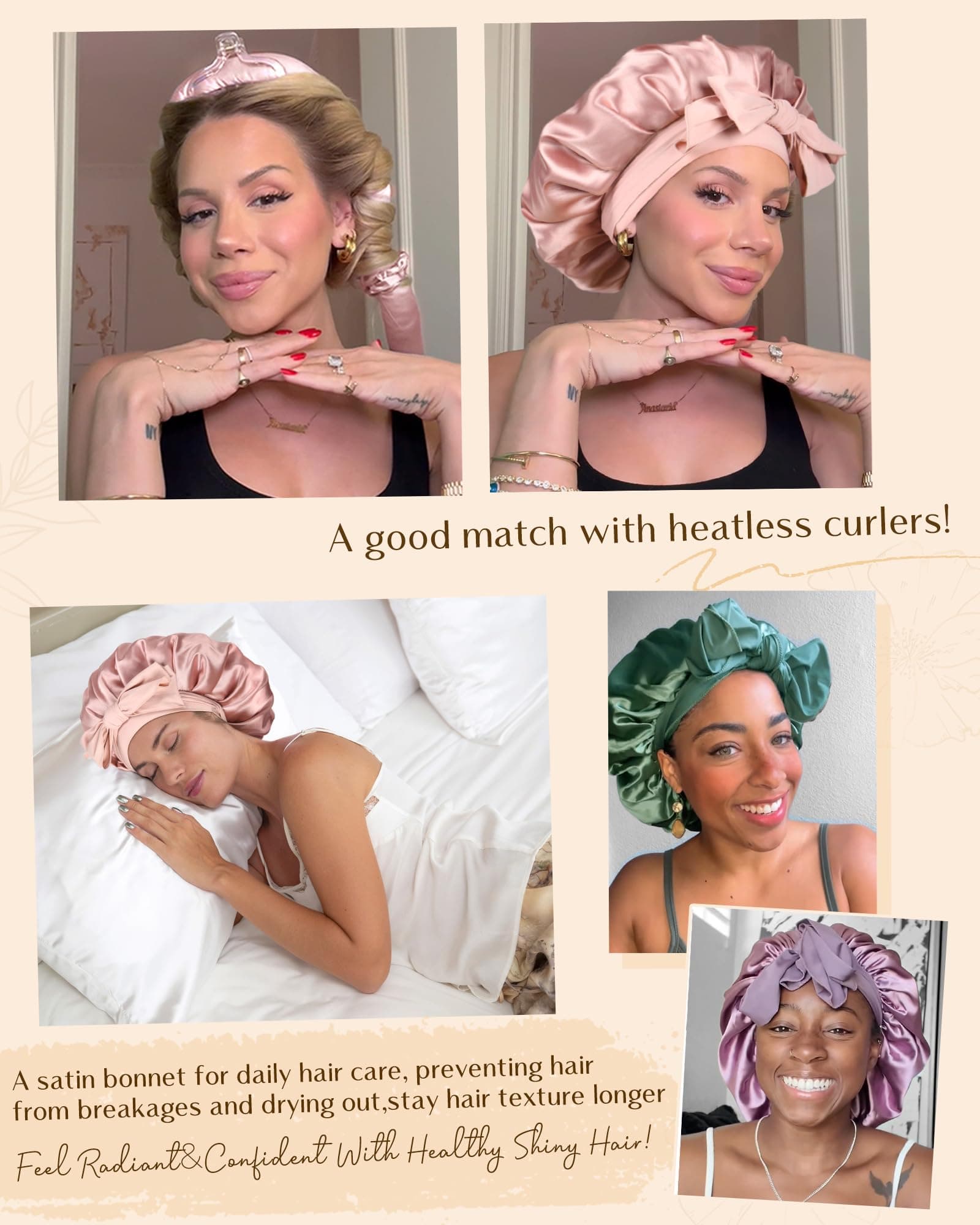 YANIBEST Satin Bonnet Silk Bonnet for Sleeping Hair Bonnet with Tie Band Head Wrap Bonnets for Black Women Curly Natural Hair, Blush Pink, Large thumbnail 5