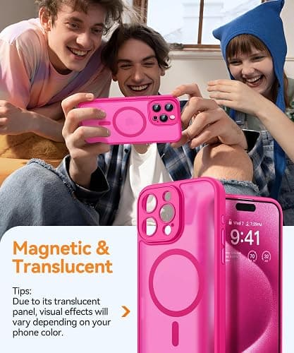 CANSHN Magnetic Compatible with iPhone 15 Pro Case, Upgraded [Full Camera Protection] [Compatible with Magsafe] [Translucent Matte] Shockproof Protective Phone Case Cover 6.1 Inch - Hot Pink thumbnail 3