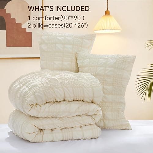 BEDELITE Queen Comforter Set, Seersucker Bedding Set 3 Pieces, Cream | All Season Use, Machine Washable, Soft and Lightweight, Ruched Comforter for Bedroom, Wrinkle-Resistant, Cozy and Stylish thumbnail 5