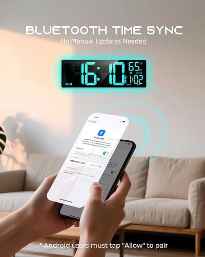 EASYERA 16.5" Large Digital Wall Clock with BT Sync, RGB Lights with 11 Scenes Mode Remote Control, Dual Alarms with Big LED Display, Auto DST, Temperature for Classroom Gaming thumbnail 5