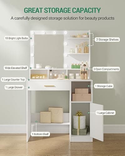 Hzuaneri Vanity Desk with Mirror and 10 LED Lights, Makeup Vanity with 3 Shelves & 4 Open Compartments, Dressing Table with Large Drawer & Cabinet, 3 Adjustable Lighting Brightness, White VT08103XCA thumbnail 4