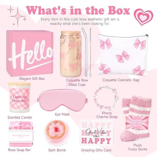 Gift Baskets for Women, 9pcs Birthday Gifts for Teenage Girls, Best Christmas Ideas Box w/Coquette Bow Aesthetic Cup Trendy Stuff for Her Teen Girl Sister Friend Friendship Sweet 16th 18th 21st Bday thumbnail 3