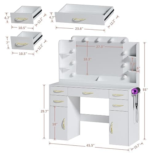 ALEXNUTRE Makeup Vanity Desk with Lights, 45.5" Large Vanity with Mirror and Lights in 3 Models, Vanity with Power Outlet, Vanity Desk with 5 Drawers, 2 Cabinets, Shelves for Bedroom, White thumbnail 2