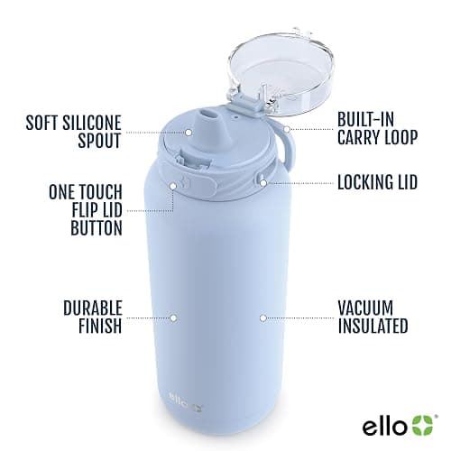 Ello Cooper 40oz Stainless Steel Water Bottle with Straw and Carry Handle, Double Walled and Vacuum Insulated Metal, Leak Proof Locking Lid with Soft Silicone Spout, Reusable, BPA Free, Halogen Blue thumbnail 4