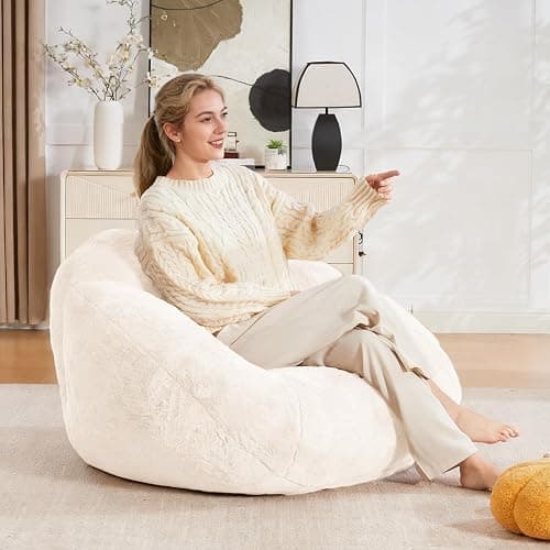 LVHOM 3.28 Feet Bean Bag Chair for Adults, Shell-Shaped Bean Bag Lazy Couch, Faux Fur Cloud Sofa Chair, Lounge Floor Sofa with Filler for Reading, Gaming & Watching, No Assembly Required (Beige) thumbnail 9