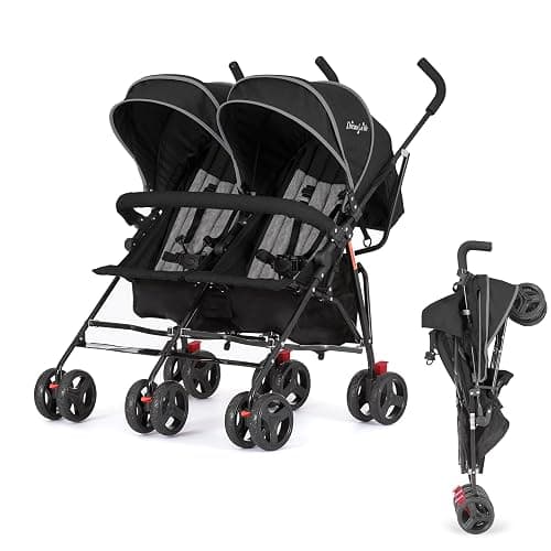 Dream On Me Volgo Side-by-Side Twin Umbrella Toddler Stroller, Black | 5 Point Safety Harness, Smooth Swivel Wheels, Lightweight, Adjustable Double Canopy, Storage Basket, 40 Lb Limit Each Seat - Image 1
