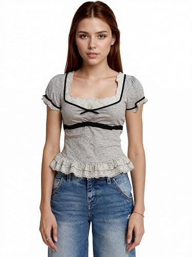 RONICY Lolita Tank Top for Women Kawaii Lace Trim Bow Shirt Cutecore Y2k Summer Clothes Vintage Aesthetic Gothic Streetwear thumbnail 2
