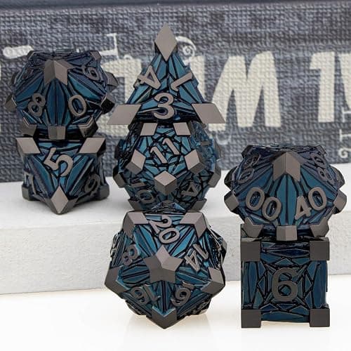 ORIFANTOU 7PCS Metal DND Dice Set with Box, Debris RPG Black Blue D and D Dice for use with D&D Tabletop Games Role Playing Game Polyhedral Dice Set D20 D12 D10 D8 D6 D4 thumbnail 5