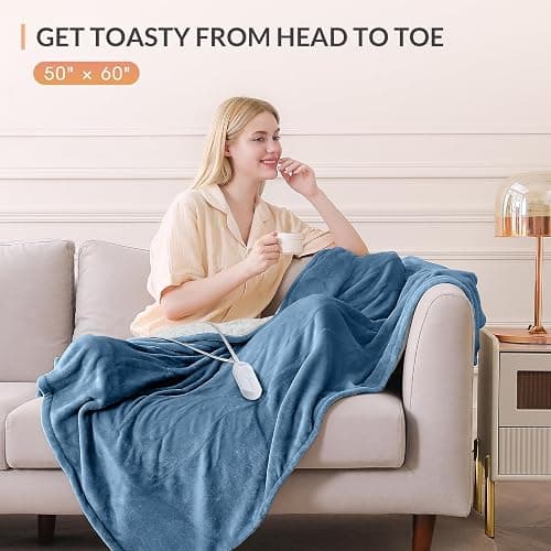 HOMLYNS LuxeHeat Heated Blanket Electric Blanket, Soft Flannel Sherpa Heated Throw, Heating Blanket with 5 Heat Settings, 3 hrs Timer Auto Shut Off (50x60 inches, Blue) thumbnail 5