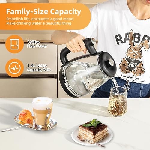Electric Kettle Glass Kettle with Blue LED, Fast Boil Quiet Electric Glass Kettle, 1.8L, 1800W, Boil-Dry Protection, BPA Free (Removable lid) - Removable lid thumbnail 3