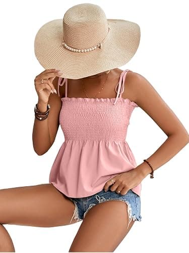 LYANER Women's Cute Summer Tops Tie Shoulder Shirred Ruffle Hem Sleeveless Sexy Cami Blouse Peplum Top thumbnail 5