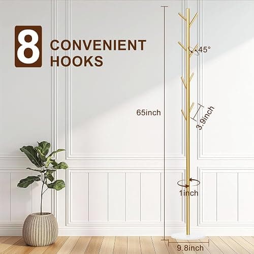 Wtiujhg Coat Rack, Metal Freestanding Coat Rack with 8 Hooks, Sturdy Coat Tree with Natural Marble Base for Coats, Hats, Scarves and Handbags for Entryway, Hallway, Bedroom, Office,Dorm (Gold) thumbnail 3