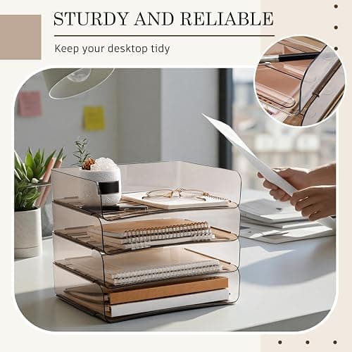 Harloon 4 Tier Acrylic Paper Tray 13 x 9.8 x 3 Inches Stackable Letter Clear Organizer No Need to Assemble Acrylic Paper Organizer File Tray for Office Workspace Desktop Storage (Transparent Gray) thumbnail 7