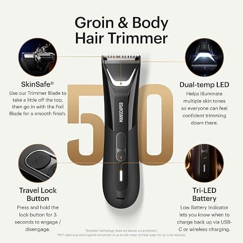 MANSCAPED® The Lawn Mower® 5.0 Ultra Groin & Body Hair Trimmer – Dual-Head SkinSafe® Trimmer & Foil Blades, Waterproof Wet/Dry Groomer, USB-C Rechargeable with Travel Case, Men’s Ball Shaver, Black thumbnail 2