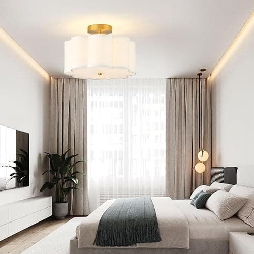 Giutna 13.3"Semi Flush Mount Ceiling Light Fixture, 3-Light Modern Close to Ceiling Light With Fabric Flower-Shaped Shade, Light Fixtures Ceiling Mount for Bedroom Nursery Kids Room Living Room(Gold) thumbnail 5