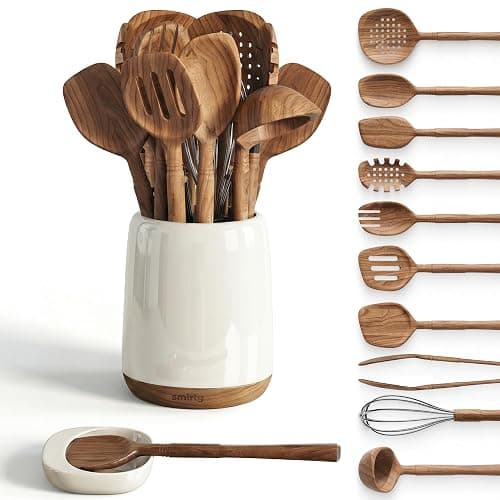 Wooden Spoons for Cooking - 12-Piece Premium Acacia Wood Utensil Set with Elegant Ceramic Holder & Spoon Rest, Non-Scratch Cooking Utensils Set for Nonstick Cookware, Luxury Kitchen Gift Set [Acacia] - Image 1