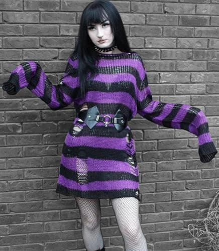 URAWESO Goth Y2K Striped Sweater Ripped Punk Gothic Long Sweaters for Women Harajuku Aesthetic Halloween Pullover Tops thumbnail 2