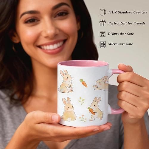 VACNKOCY 11oz Cute Bunny Ceramic Coffee Mug with Pink Handle & Interior – Adorable Rabbit & Carrot Floral Design Tea Cup – Aesthetic Gift Mug for Home, Office, Easter & Spring Décor thumbnail 4