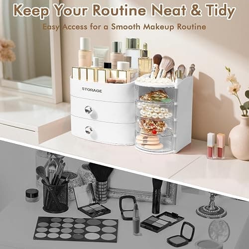 XIAPIA Makeup Organizer Countertop, Make Up Organizer for Vanity, Skincare & Cosmetic Organizers with Drawers, Bathroom Organizers Storage for Brush Holder|Lipstick|Jewelry, Ideal Gift for Women WHITE thumbnail 5