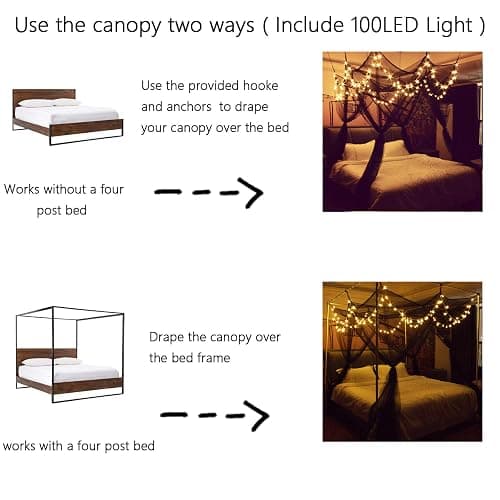 Comtelek 8 Corner Bed Canopy with 100 LED Star String Lights Battery Operated, Bed Netting Unique Style 4 Door Square Canopy Bed Curtains Canopy - Suggested for Twin Full Queen King Bed thumbnail 3