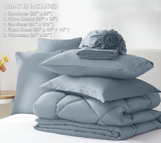 CozyLux Queen Comforter Set Dusty Blue - Bed in a Bag Queen Size 7 Pieces, Luxury Soft Bed Set for All Seasons, Bedding Set with Down Alternative Comforter, Sheets, Pillowcases & Shams, Grayish Blue thumbnail 6