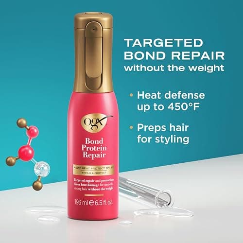 OGX Repair & Protect Bond Protein Repair 450°F Heat Protect Spray, Weightless Repair Mist for Nonstop Damage Protection* for All Hair Types, Heat Spray Preps Hair for Styling, 6.5 fl. oz thumbnail 2