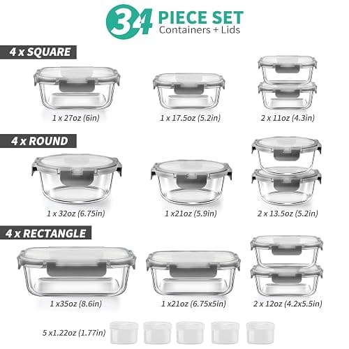 34pcs Glass Food Storage Containers with Lids Set, Airtight Glass Meal Prep Containers (17 Containers & 17 Lids), Leak Proof Lunch Container BPA-Free, Microwave, Oven, Freezer, Dishwasher Safe-Grey thumbnail 2