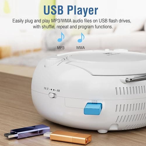 Nextron Portable CD Player Boombox with Bluetooth, AM/FM Radio & USB | CD-R/RW, MP3-CD & USB Playback, Stereo Sound, Bass Boost, AUX Input, Headphone Jack, LCD Display, AC/Battery Powered - White thumbnail 7