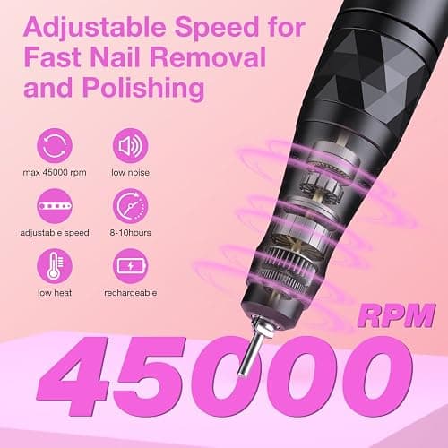 Electric Nail Files, 45000 RPM Professional Nail Drill for Acrylic Nails Gel, Adjustable Speed E File for Nails, Cordless Rechargeable Nail Drill Kit for Manicure Salon Home thumbnail 2