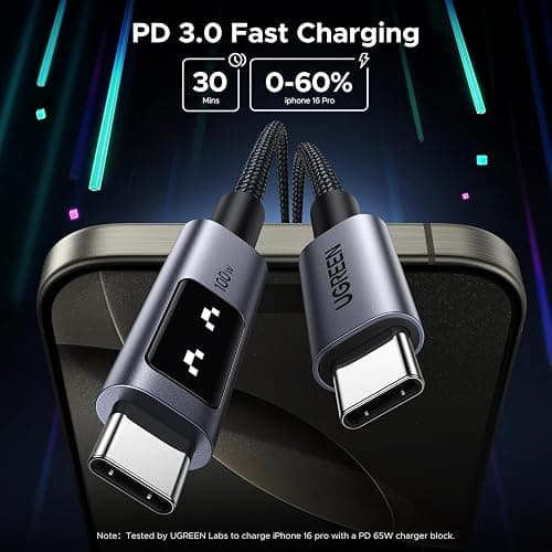 UGREEN Uno USB C to USB C Cable 100W Fast Charging Cable Type C Charging Cord with LED Display for iPhone 17/17 Air/17 Pro/17 Pro Max/16, MacBook Pro/Air, iPad Pro/Air, Galaxy S25 Ultra 10FT Black thumbnail 3
