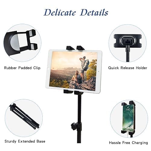 Raking Tablet Floor Stand, Height Adjustable Cellphone Floor Stand with 360°Rotating Tripod Mount, Compatible with iPhone iPad mini/Air/Pro and All 5.5-12.9 Inch Devices thumbnail 7