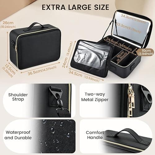 Travel Makeup Bag with Mirror, 36.5 X 26 cm Extra Large Makeup Organiser Bag with Adjustable Compartment Vanity Case Make Up Organiser Box with Lights 3 Color Modes, Black thumbnail 5