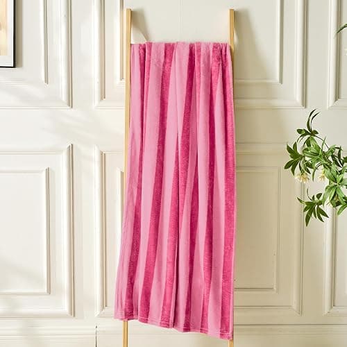 FY FIBER HOUSE Striped Flannel King Blanket - Soft Cozy Striped Blanket for Couch, Sofa, or Bed - 90"x108", Hot Pink, All Season Use thumbnail 5