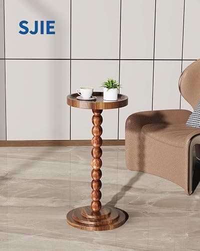 Round Wooden Side Table & Drink Table | Sturdy & Functional Mid-Century Modern Design with Solid Wood Base for Living Room, Bedroom, Office & More thumbnail 2