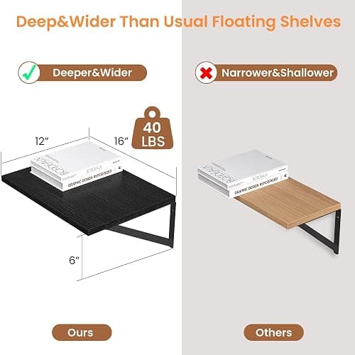 Heimlove Black Deep Floating Shelves for Wall, 16W x 12D Wood Wall Shelves Set of 2, Wide Floating Bookshelf for Living Room, Kitchen, Office, Bedroom and Decor Storage, with Metal Bracket - Black thumbnail 3