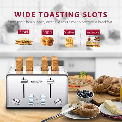 Toaster 4 Slice, Geek Chef Stainless Steel Toaster with Extra Wide Slots，4 Slot Toaster with Bagel/Defrost/Cancel Function, Dual Control Panel of 6 Toasting Bread Shade Settings, Removable Crumb Trays, High Lift Lever, ETL thumbnail 3