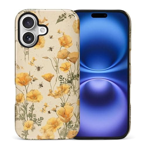 FKBRCL4U for iPhone 17 Case, Hybrid 2-Layer Silicone Protective Glossy Case for Girl Women for iPhone 17 Cute Eco Friendly Vintage Bee Yellow California Poppies Pattern - Image 1