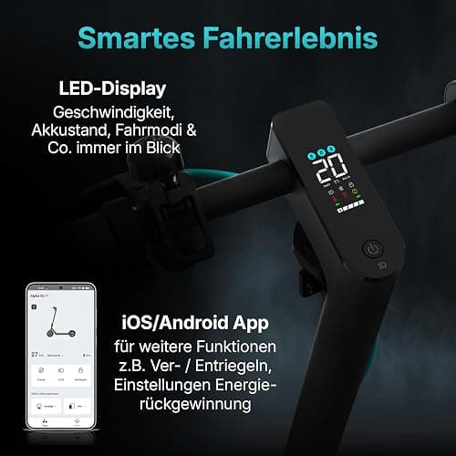 Odys Alpha X5 Faltbarer E-Scooter mit Straßenzulassung & Appanbindung (max 20 km/h, bis zu 50km Reichweite & bis max 119kg Gesamtgewicht, 10" Luftreifen, duales Bremssystem, LED-Farbdisplay, schwarz) thumbnail 6