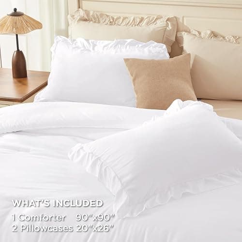 Andency White Comforter Set Queen Size, Lightweight Fluffy Farmhouse White Ruffle Bedding Set, Soft Polyester All Season Shabby Chic Bed Comforter Set 3 Pieces(1 Ruffle Comforter 2 Pillowcases) thumbnail 7