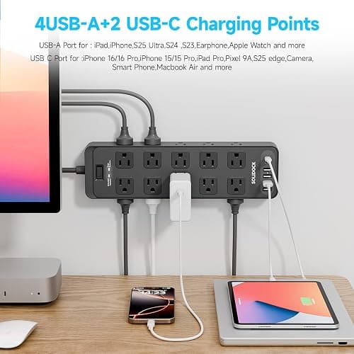 Solidock 20 Outlet Power Strip with USB C,6Ft Extension Cord with Multiple Outlets, 2700 Joules Surge Protector,1875W/15A, ETL Listed for Home Office Dorm Gaming thumbnail 3