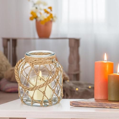 Blushtier 2 Set Nautical Candle Lantern with Rope Handle Coastal Glass Jar Battery Operated LED Flameless Lantern for Room Party Sea Beach House Table Centerpieces Decoration 5.5" x 5.5" x 6.3" thumbnail 5