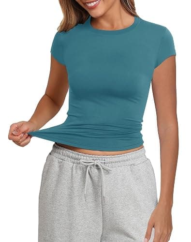 PALINDA Women's Short Sleeve Crew Neck Fitted Shirts Basic Casual Stretchy T Shirt Workout Tops - Image 1