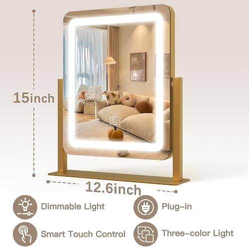 ROLOVE Vanity Mirror with Lights, 12.6"×15" LED Makeup Mirror, Lighted Makeup Mirror with Lights, Smart Touch Control Dimmable 3 Modes Light, Lighted Up Mirror for Makeup Desk, Gold thumbnail 2
