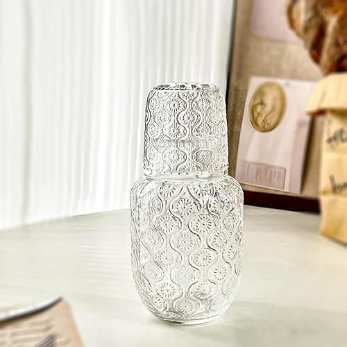 Vintage Bedside Water Carafe and Glass Set for Bedroom Nightstand, Bedside, Ticked Glass Mouthwash Decanter for Bathroom, Water Pitcher Set 18.5 oz thumbnail 2
